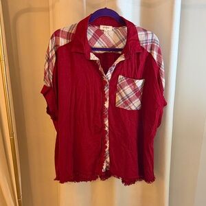 Umgee Red Button-Front Shirt with Plaid Trim (Never Worn)